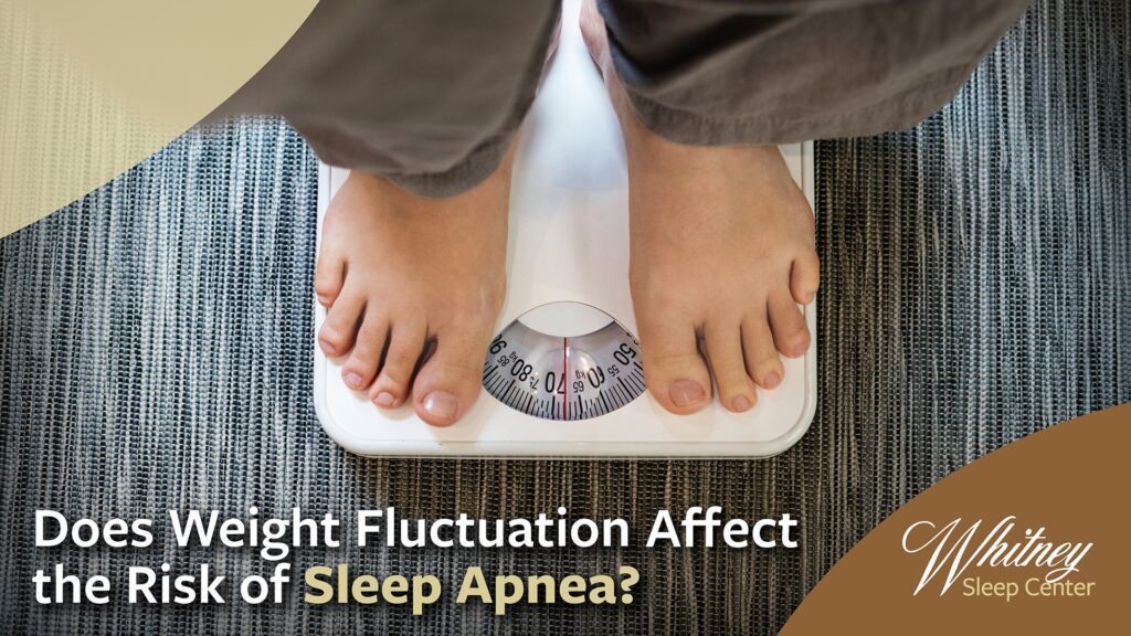 An aerial view of someone standing on a scale with text Does Weight Fluctuation affect the risk of sleep apnea? - An Article from Whitney Sleep in Plymouth, Minnesota
