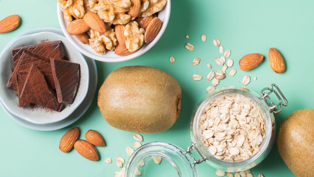 Whitney Sleep blog titled, "A Recipe for Good Sleep" features an images of nighttime snacks including dark chocolate, almonds, walnuts, oats, and kiwis