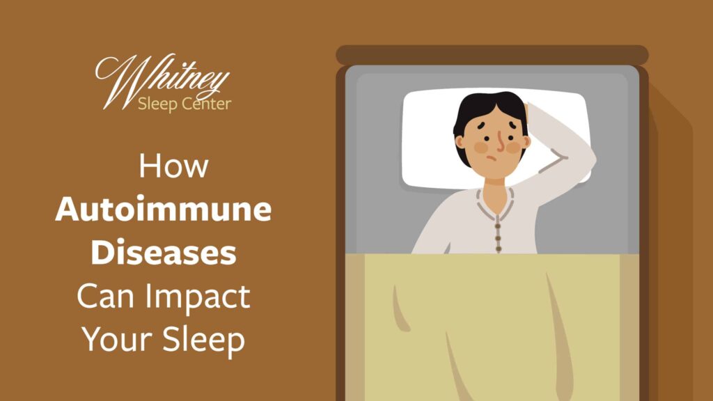 A graphic of a sleepless person awake in bed for a Whitney Sleep blog titled, "How Autoimmune Diseases Can Impact Your Sleep"