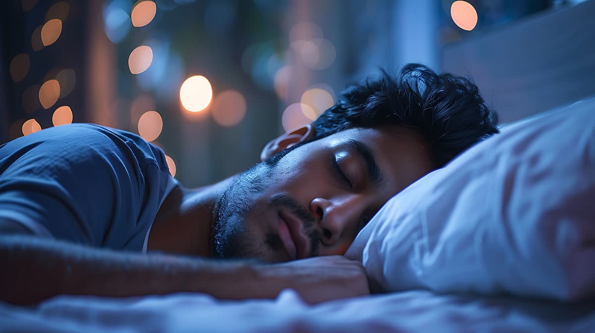 A young man sleeps soundly in his bed, lit by soft, warm light from the window.
